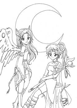 Angel and Sorceress--Line art