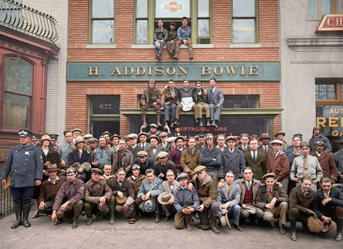 Harley Davidson shop + gang 1925 colorized