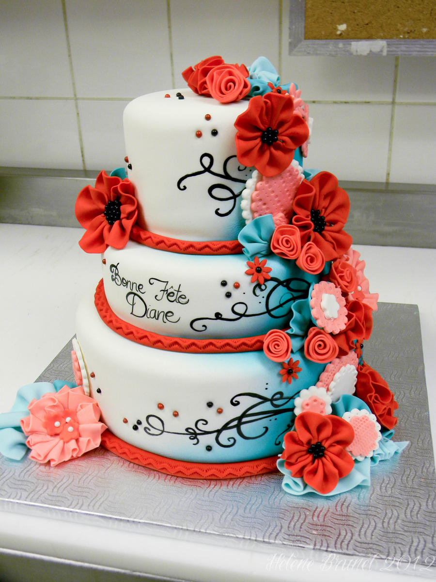 Red and turquoise cake side a