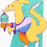 A Dinosaur Eating Ice Cream and Wearing a Shirt