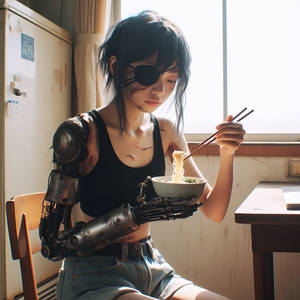 eating ramen with a prosthetic arm and chopsticks