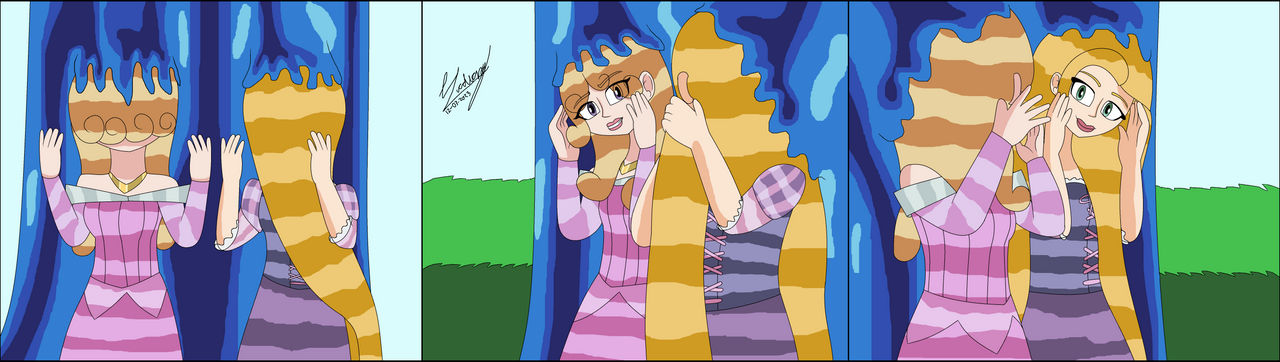 Aurora and Rapunzel under a waterfall