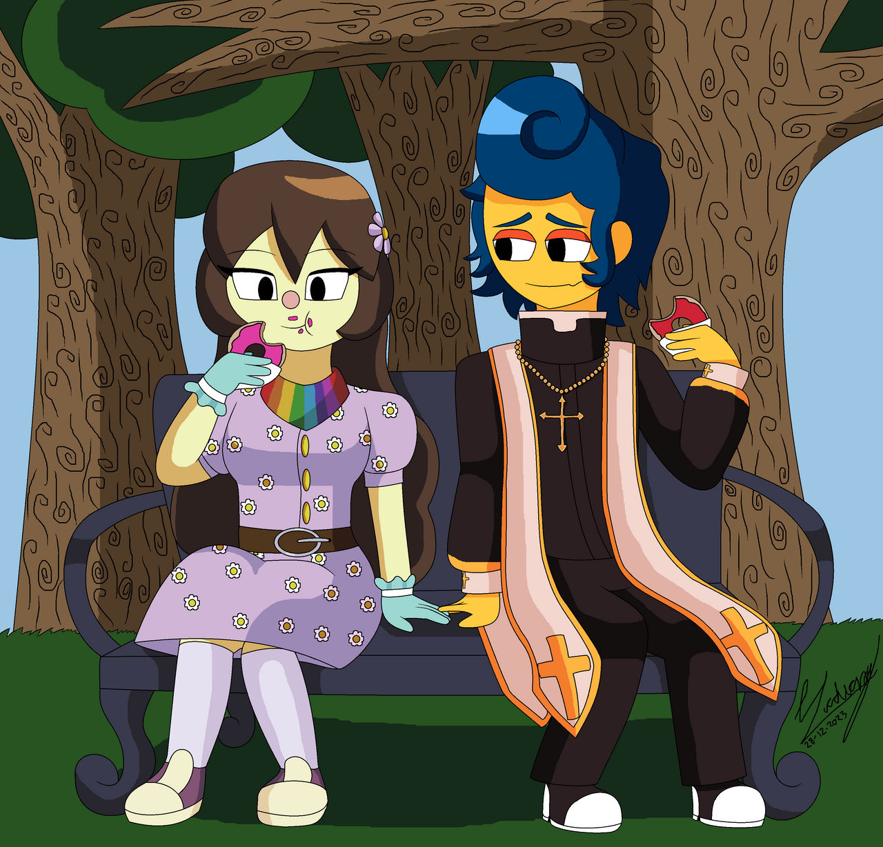 Priest Wally and Rosa-eating donuts