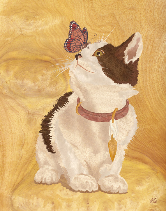 Cat and Butterfly - Marquetry