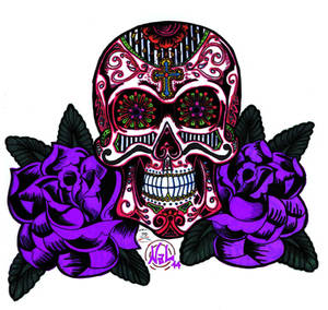 Mexican Skull and Purple Roses