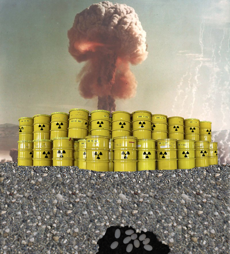 nuclear waste and atomic bomb with buried nest