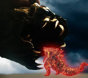 Adult Cloverfield monster devouring fire Godzilla by Pyro-raptor