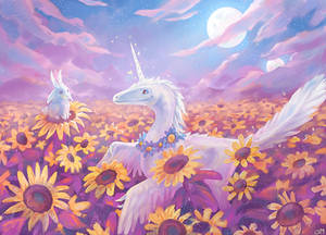 Dino unicorn in a sunflower field