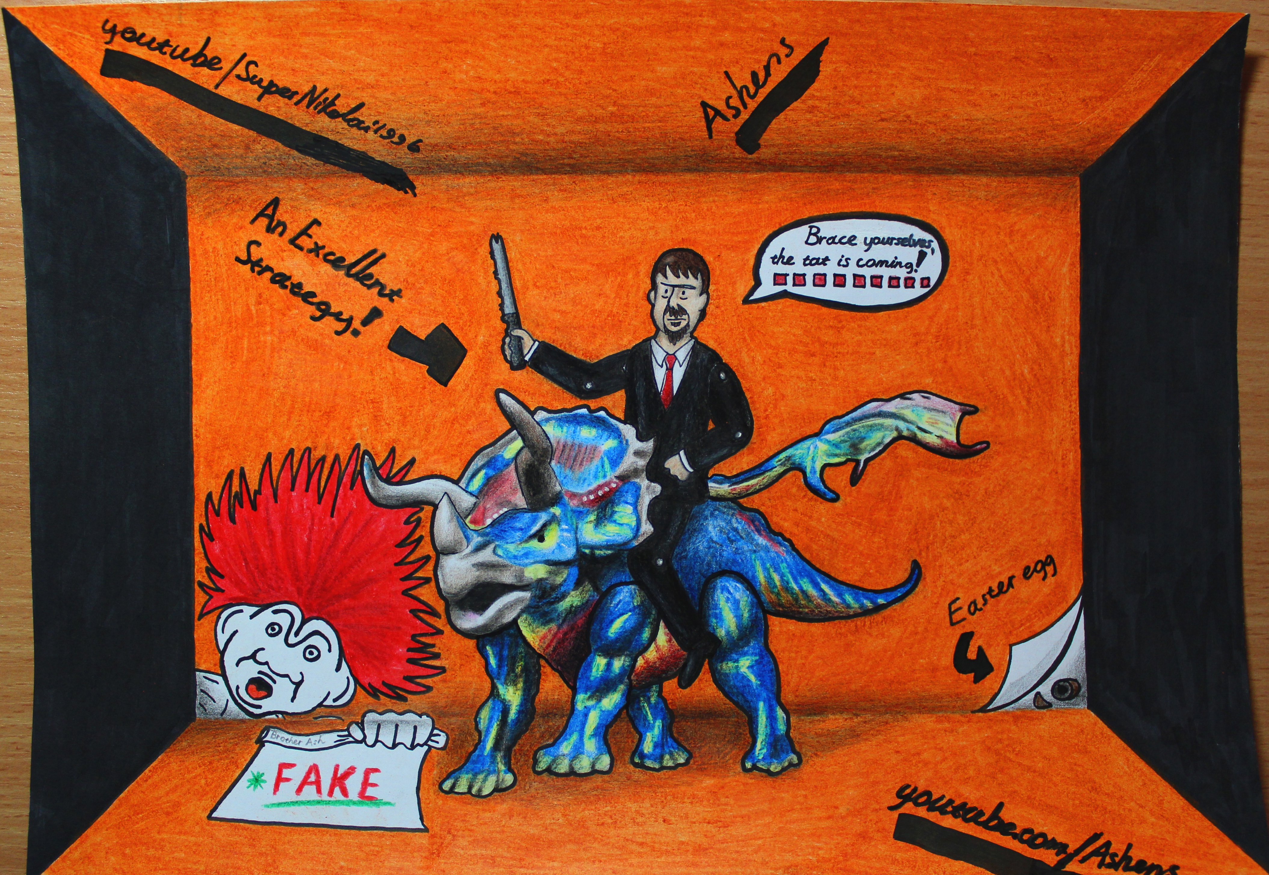 Ashens riding the colourful Triceratops