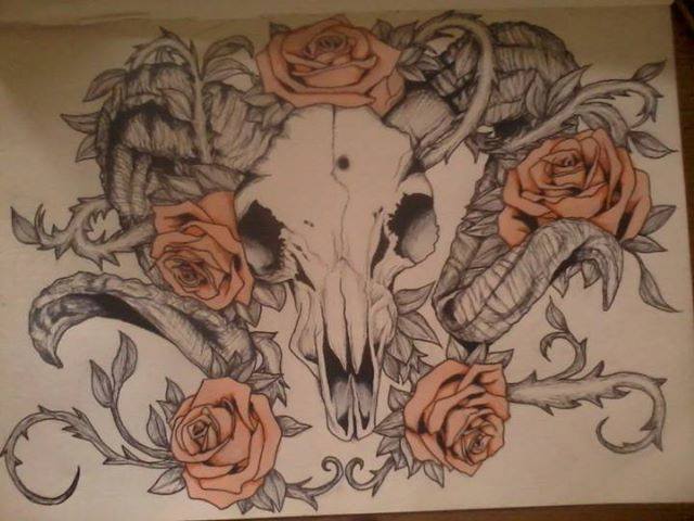 Roses and Ram's Skull Tattoo Design