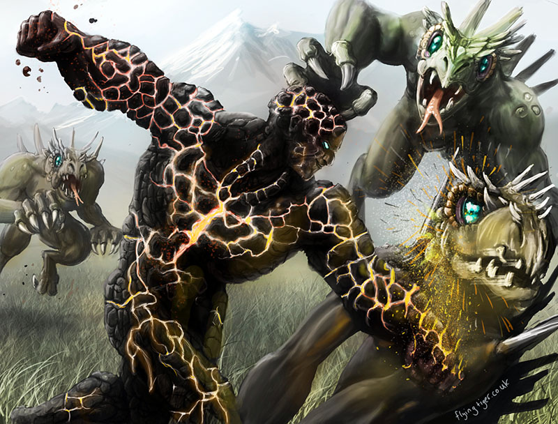 Lava man doing battle with lizard men