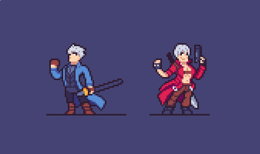 Pixel art of dante from devil may cry in battle stance