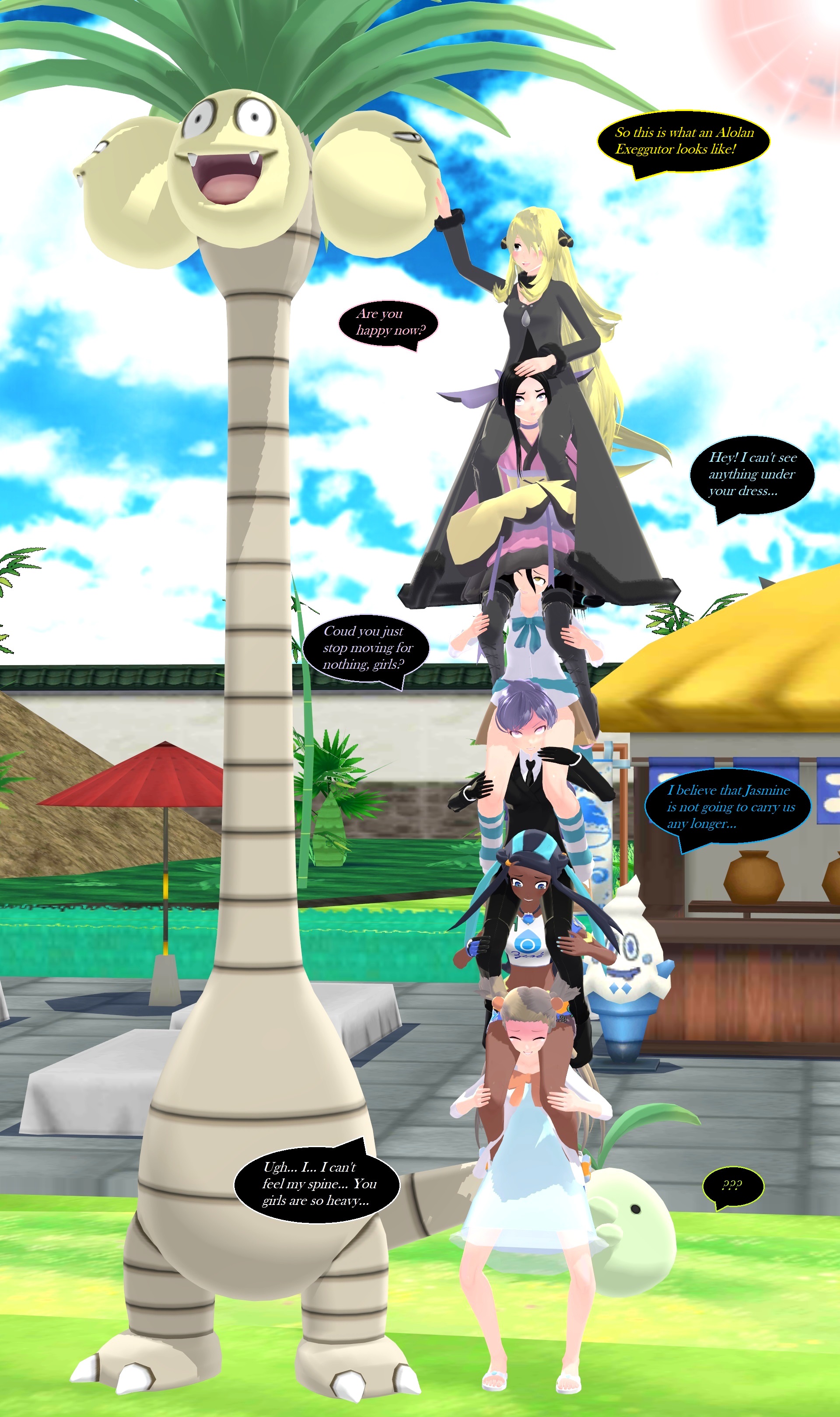 Pokemon : Girls reach Alolan Exeggutor by ShoulderRideLife on DeviantArt