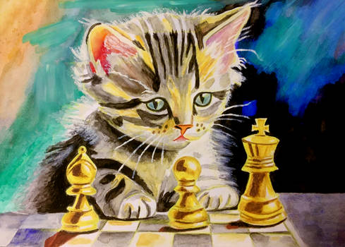 Kitten playing chess