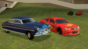Lightning McQueen and Doc but realistic