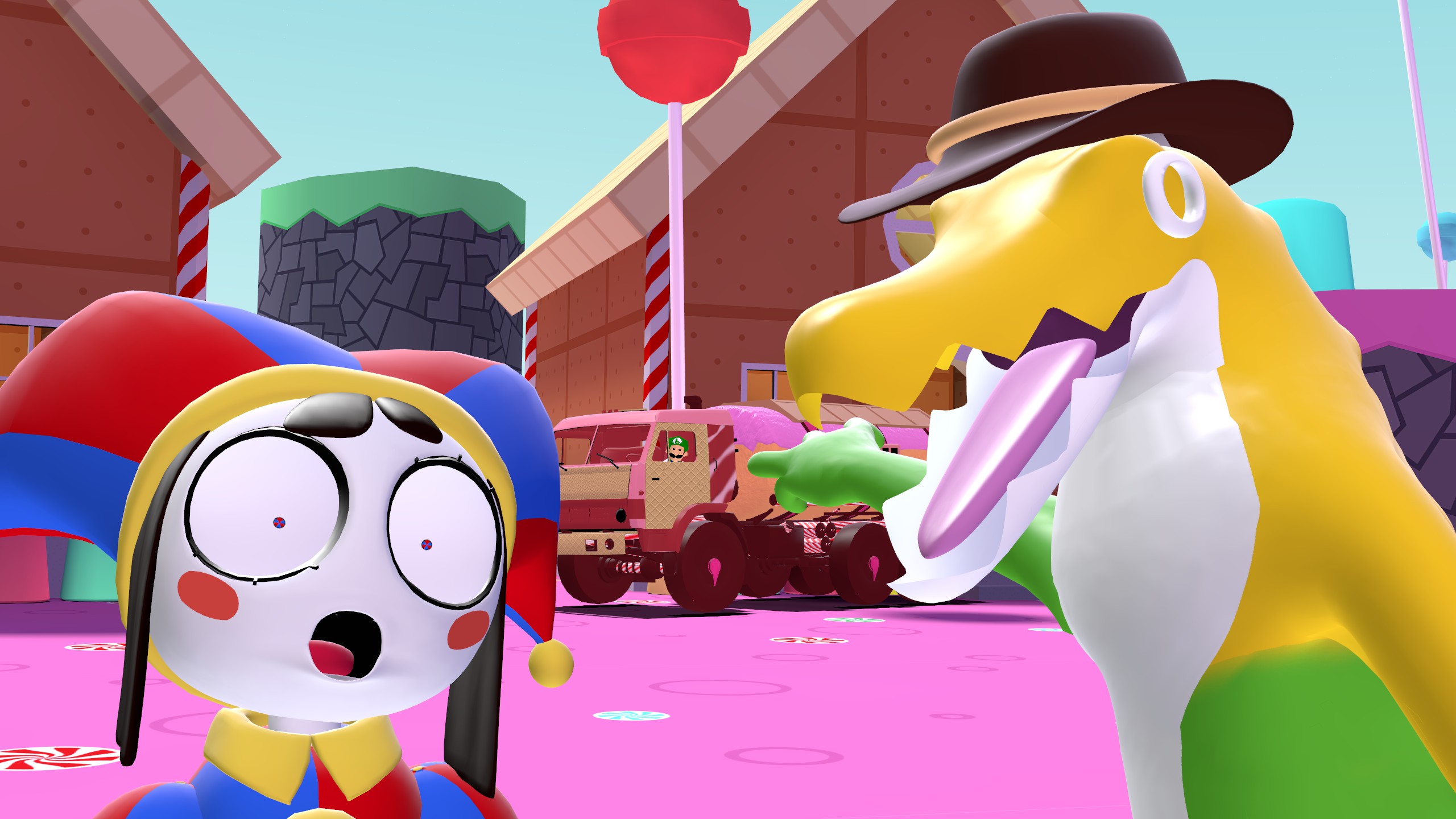 Pomni and Gummigoo pointing at a Truck by RedKirb on DeviantArt