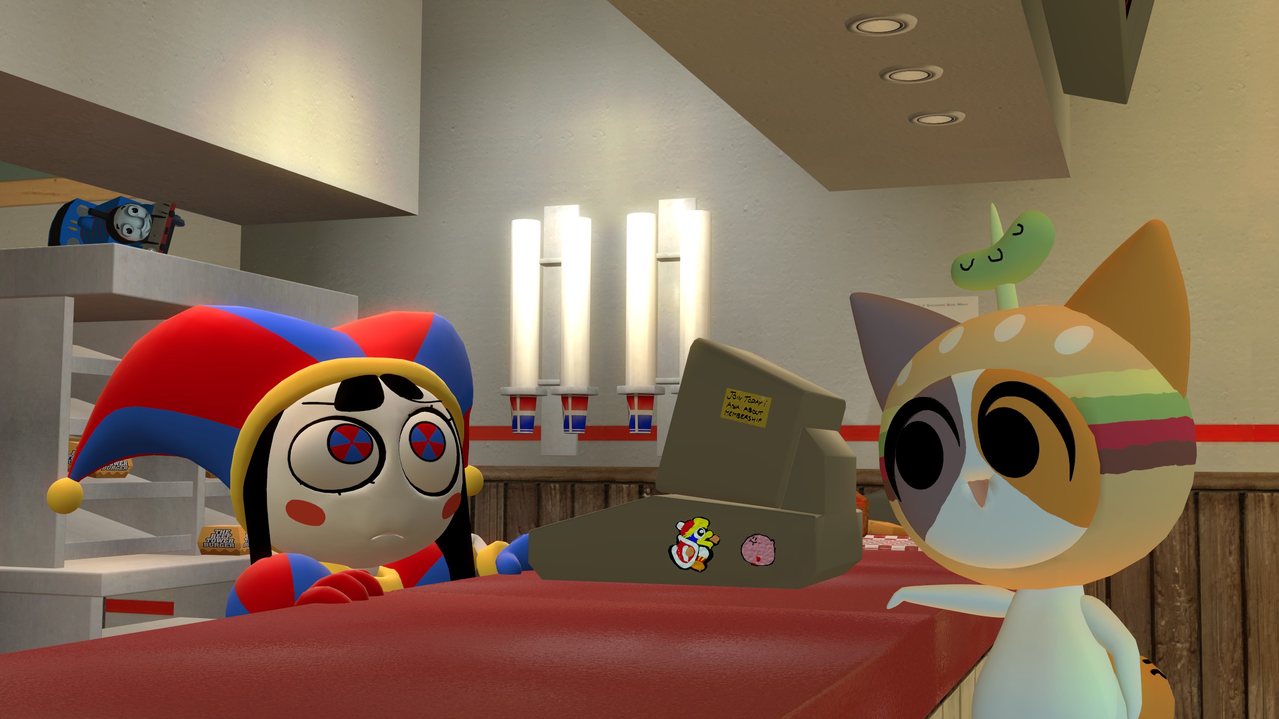 Pomni works at Spudsy's by RedKirbDaRedPuffball on DeviantArt