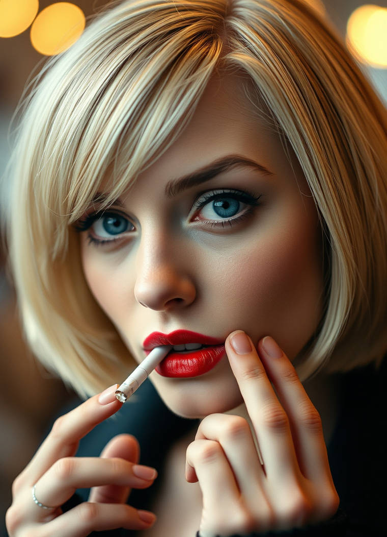 Close-up of a blonde woman around 25 years old, wi