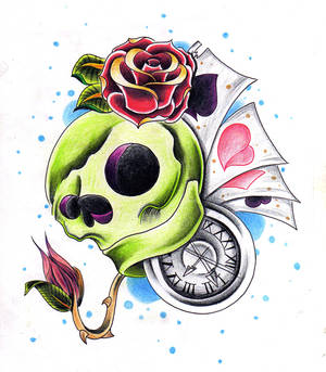 Skull, clock and roses