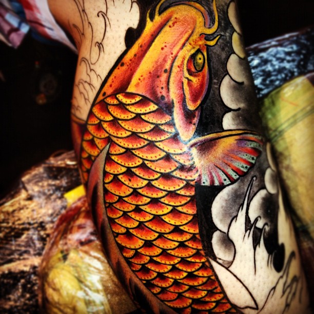 Koi tattoo close up in progress by jerrrroen on DeviantArt Koi tattoo close up in progress by jerrrroen on DeviantArt