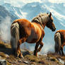 two Draft Horses Trek Slowly along a mountain trai