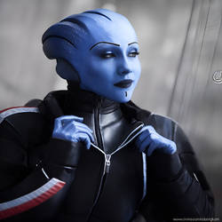 Default A hyperrealistic portrait of an asari in a by Thekobs