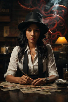 PhotoReal woman in fedora hat and tie smoking a ci