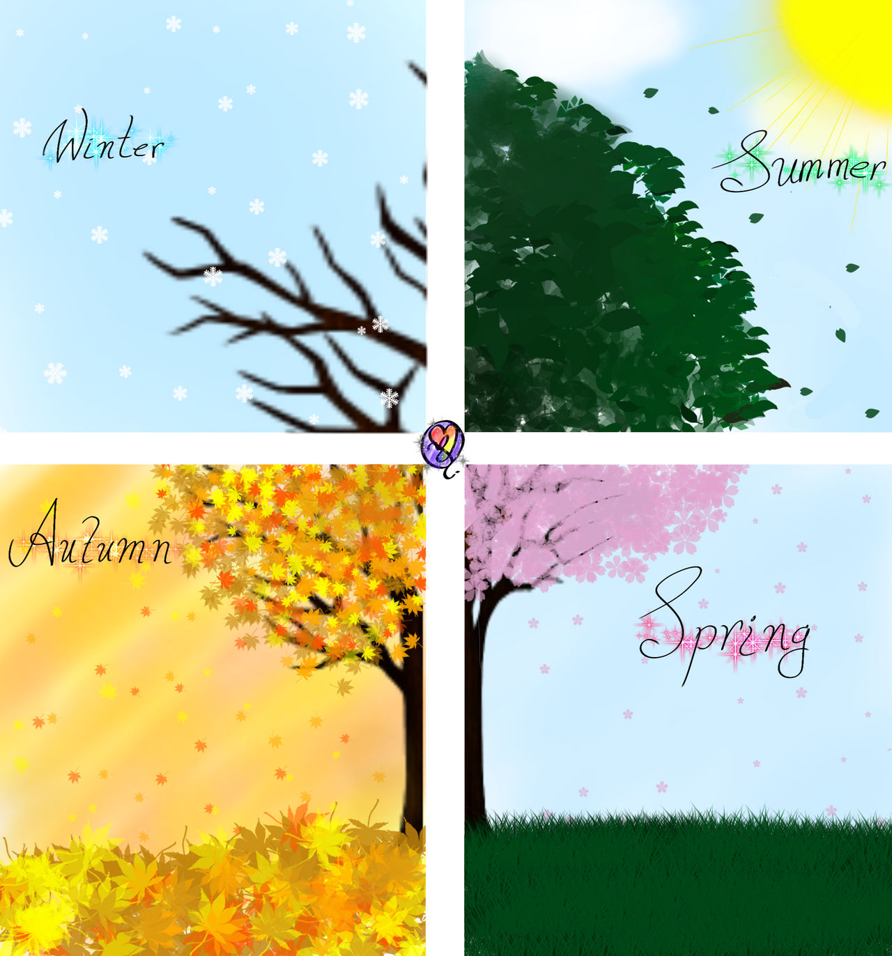 A colour digital drawing of a tree in a field divided into four quadrants. Top left is titled Winter and show bare branches against a blue-grey sky with stylised snowflakes tumbling down. Top right is titled Summer and shows the crown of the tree dense with dark green leaves; faint clouds are in the blue sky beyond, with a yellow sun in the top-right corner. Bottom left is titled Autumn and shows the lower leave of the tree turning yellow, orange, and brown, falling to leave drifts on the ground. The sky beyond is golden as sunset. Bottom right is titled Spring and shows dense, green grass and dense, pink blossom clustering on and floating off the tree.