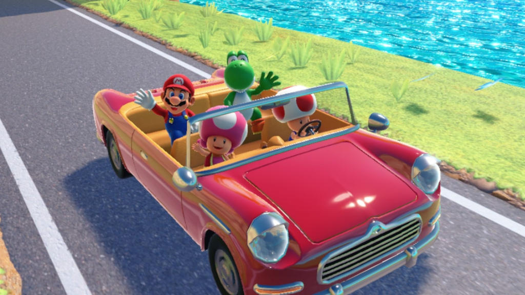Mario and Yoshi riding w Toadette and Toad driving by ...
