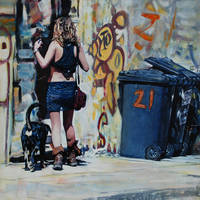 Visitor at no.21 (oil on board) (50x50cm)