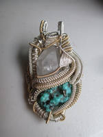 Turquoise, hematite and quartz wire pendant