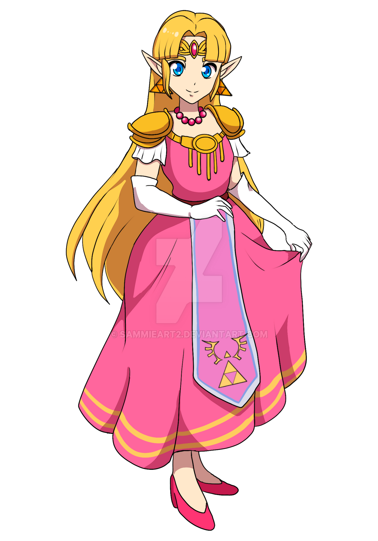 princess zelda pink dress Princess Zelda in a pink gown stands in a fantastical cherry blossom garden with glowing lanterns at sunset. on Craiyon