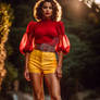 Fashion naked model, red crop top and mini short