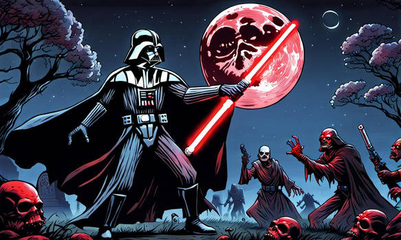 Darth vader fighting with a red lightsaber in a gr