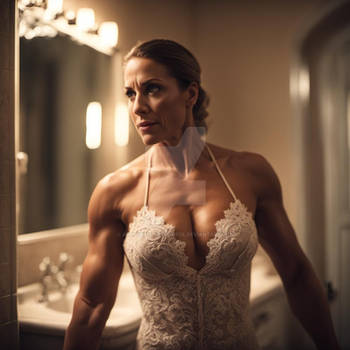 A very muscular woman in the bathroom in lace flex