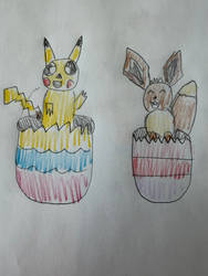 Pikachu and Eevee come out from Easter eggs