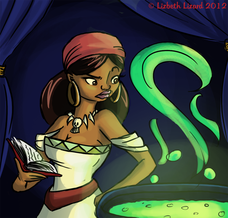 (Young) Voodoo Lady Color digital drawing of the Voodoo Lady from the Monkey Island series, as a young woman. She's a Black woman with brown eyes and long dark hair, appearing to be in her early 20s. She's wearing a white strapless dress with a red belt and green trim in with a design of interlocking triangles around the top of the bodice, a red scarf tied over her hair that makes the long part of her hair puff out below, and large hoop earrings. She holds a book in one hand and looks at a cauldron of green glowing liquid that is giving off green steam or smoke. Her expression suggests that something about the spell is not acting as she expected it to.
