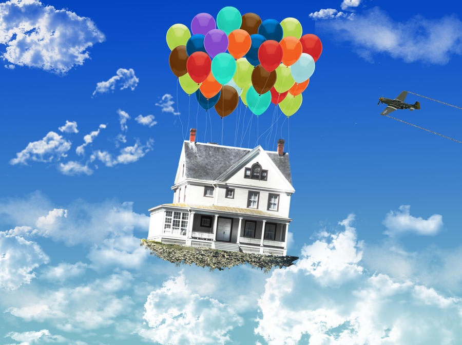 Дом летающий в небе. Летающий дом. Домик с шарами. Летающий домик. Домик на воздушных шариках.