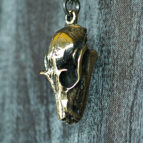 Polished Bronze Flying Fox Bat Skull Necklace