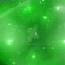 Cosmic dusty galaxy space nebula green background.