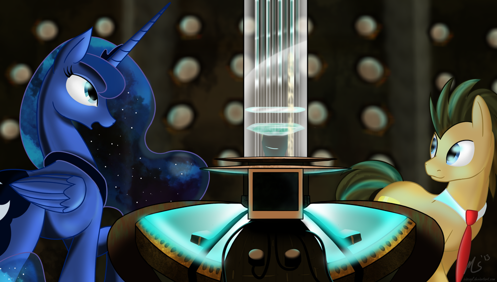 Princess Luna inside the Tardis with Dr. Whooves