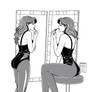 Full size two sissies in black interim, suspenders black shiny stockings applying make up looking at