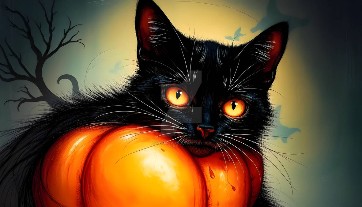 Halloween Autumn Black Cat Digital Artwork