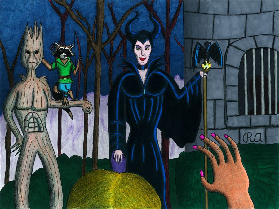 Maleficent with Rocket and Groot