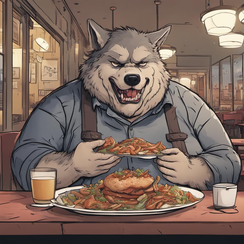 Fat wolf dude binge eating at a restaurant by isaiahdh14 on DeviantArt