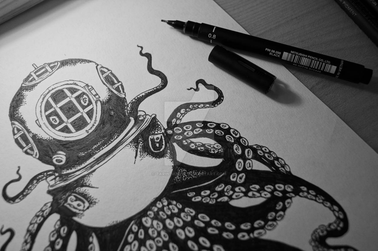 Octopus with divers helmet