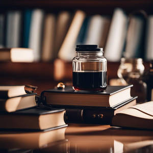 A desk with a stack of books and an ink jar 