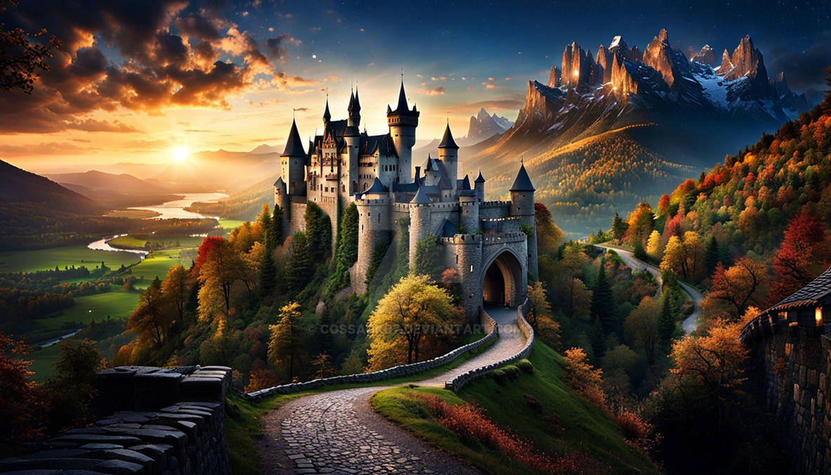 A Gothic castle sitting on a mountain cliff