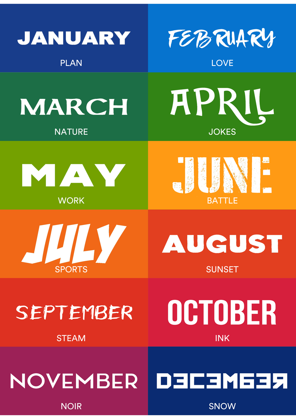 Monthwise Color Colors of the Month - 2021 by JMK-Prime on DeviantArt