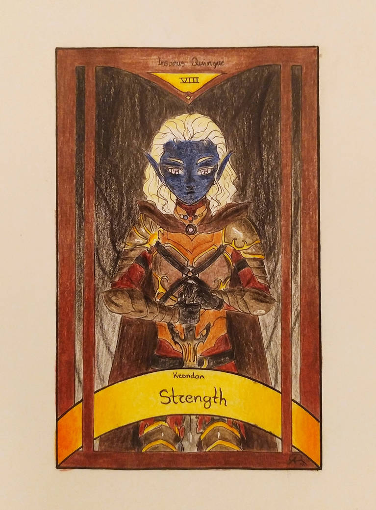 Artistic depiction of the VIII Strength Tarot card with a woman and lion in a serene setting
